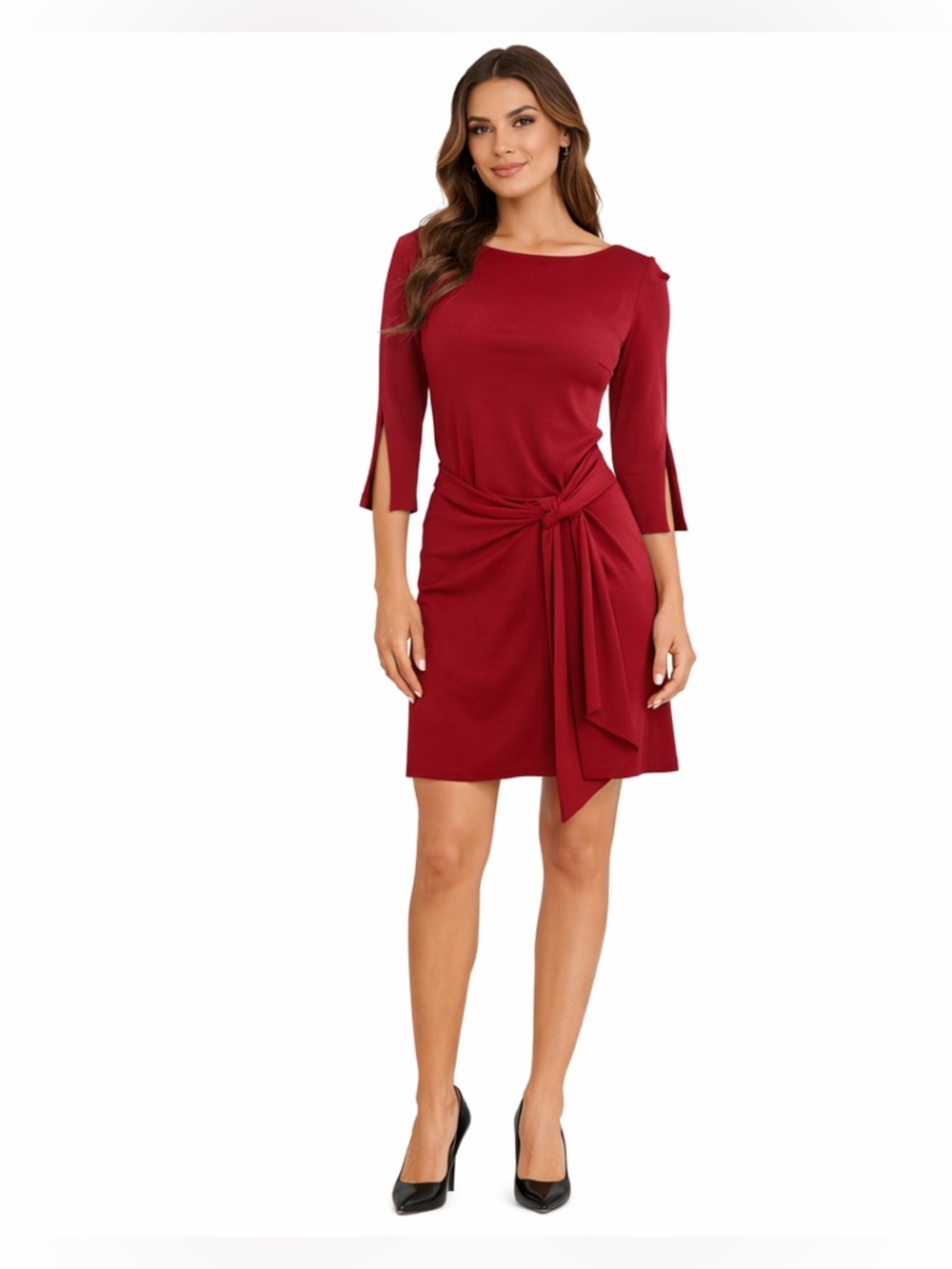 Calvin Klein Wine Red Tie Waist Long Sleeve Stretch Sheath Dress Size 4 | Modern